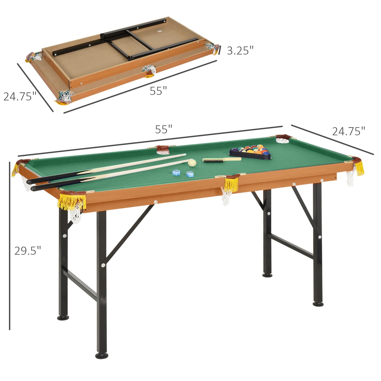Mini table de billard portable 54,3" L avec queues, boule, craie et support pour enfants