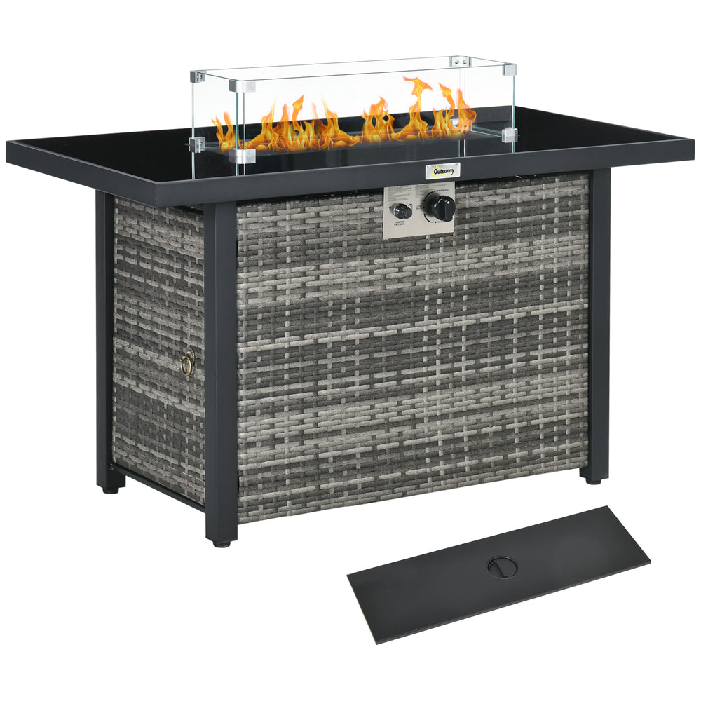 Propane Fire Pit Table 43" Outdoor Fire Table, 50,000 BTU Pulse-Ignition Wicker Firepit Furniture with Glass Wind Guard, Blue Glass Rock, CSA Certification, Grey