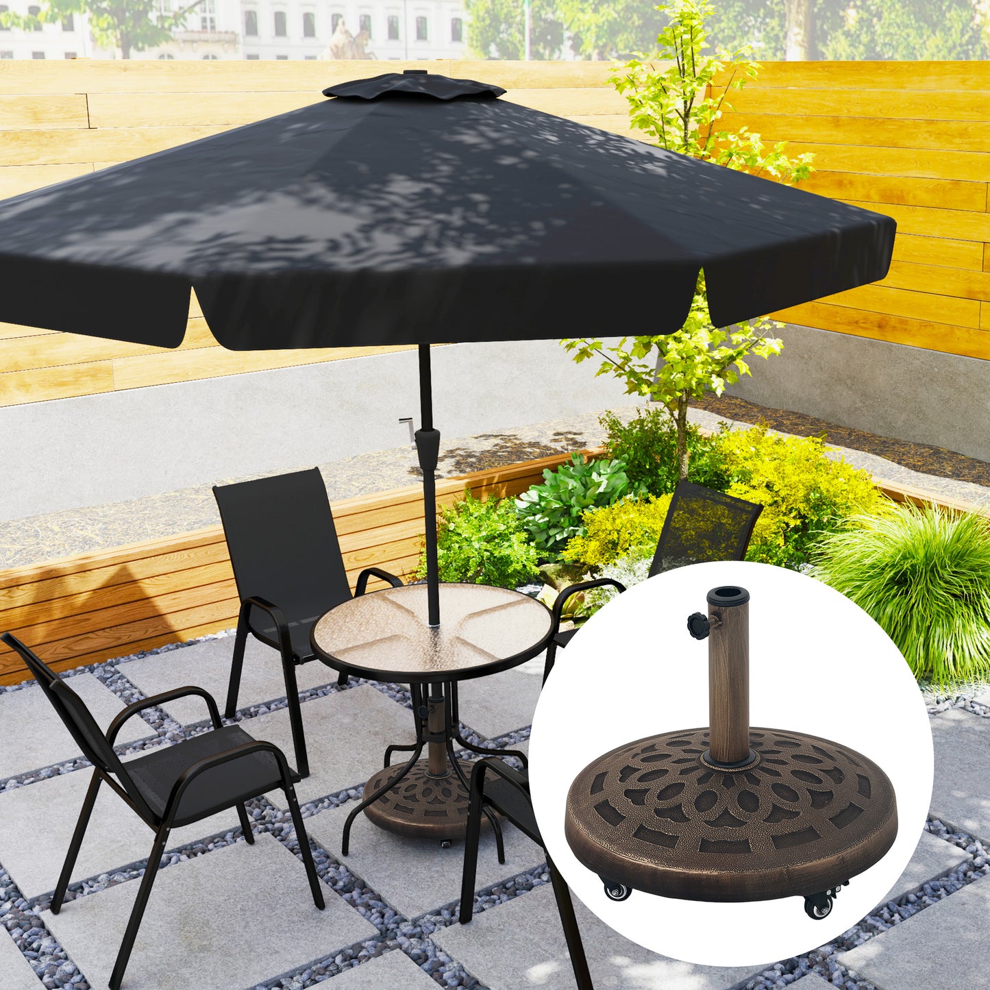 Pied de parasol rond avec roulettes en résine de 20 kg, robuste pour poteaux de 3,3 cm, 3,8 cm et 4,8 cm, bronze