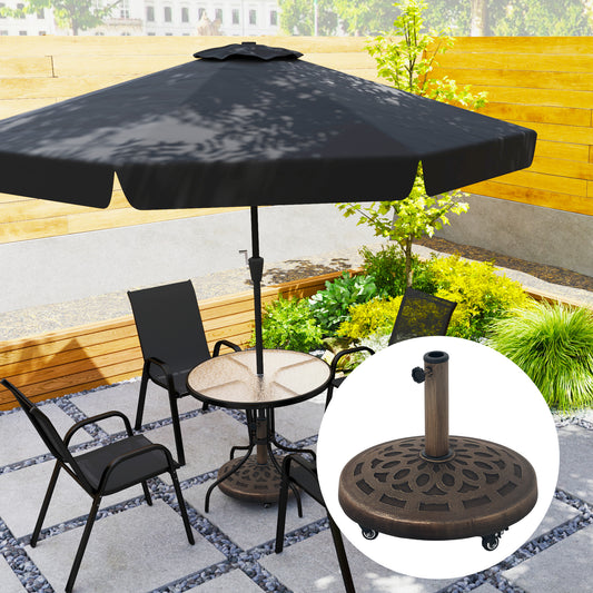 Pied de parasol rond avec roulettes en résine de 20 kg, robuste pour poteaux de 3,3 cm, 3,8 cm et 4,8 cm, bronze