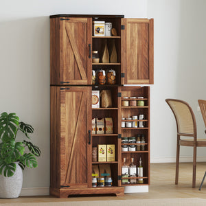 Armoire garde-manger haute effet bois brun avec 10 tablettes et 8 porte-épices