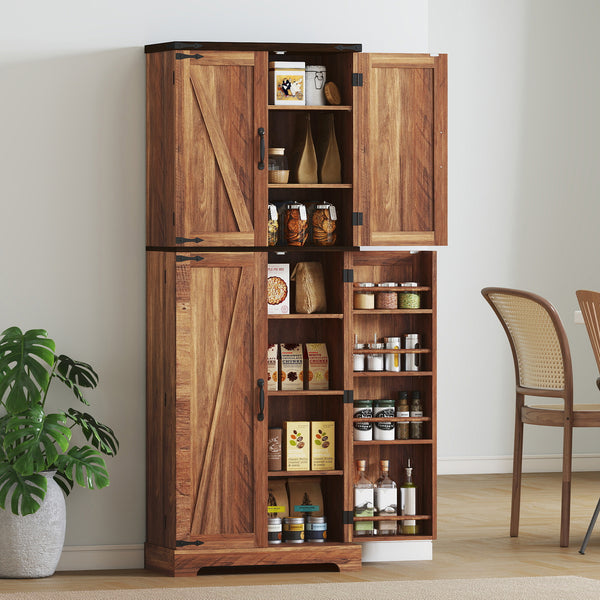Armoire garde-manger haute effet bois brun avec 10 tablettes et 8 porte-épices