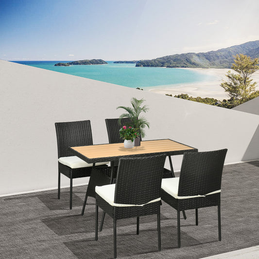 Ensemble de salle à manger extérieur 5 pièces en osier blanc crème avec coussins amovibles, idéal pour terrasse ou jardin