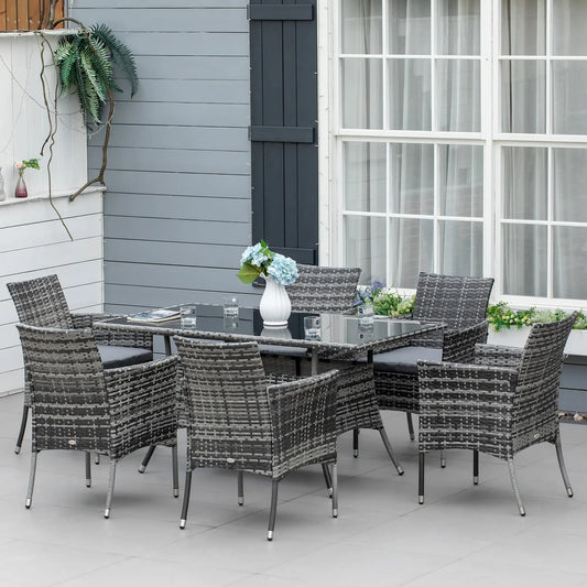 Ensemble de salle à manger de jardin 7 pièces en rotin tressé gris, avec coussins confortables, idéal pour repas en extérieur