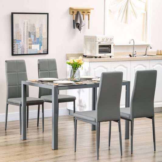 Ensemble tables et chaises de cuisine rectangulaires en verre avec structure en métal et revêtement en similicuir pour salle à manger, gris