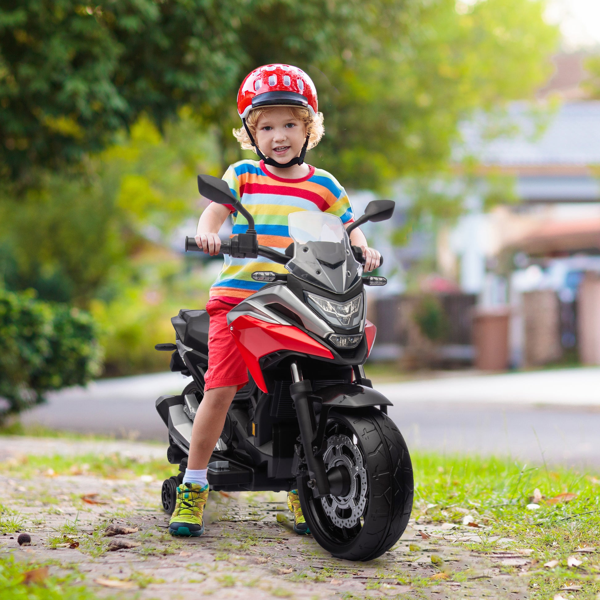 Moto électrique 12 V pour enfants de 3 à 6 ans, modèle Honda homologué avec phares fonctionnels et roues d'entraînement musicales, rouge
