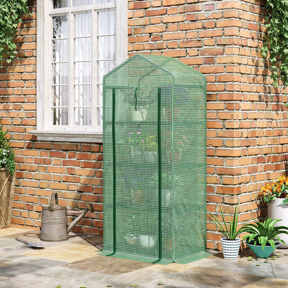 Portable greenhouse with 4 shelves, steel frame, PE cover, dark green