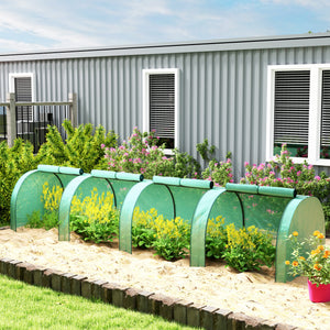 Miniature tunnel greenhouse with polyethylene cover, green