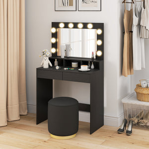 Coiffeuse avec miroir à éclairage LED, station de charge et tiroirs, noire
