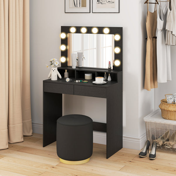 Coiffeuse avec miroir à éclairage LED, station de charge et tiroirs, noire