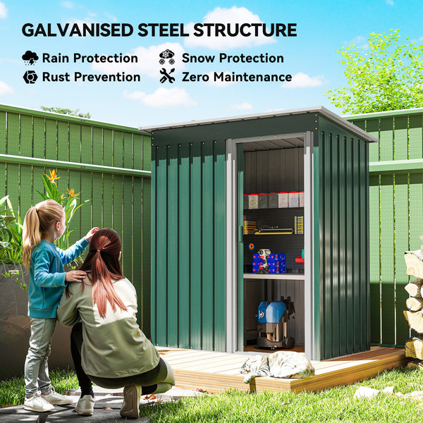 Abri de jardin avec porte coulissante et toit incliné, structure en acier, vert