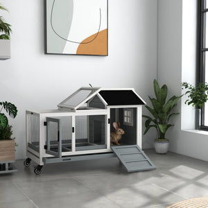 Rabbit hutch with wheels, ramp, run, and tray, gray