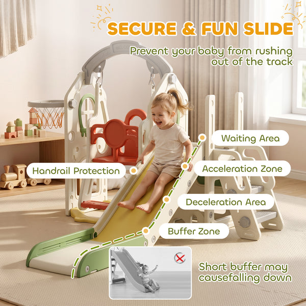 Qaba 6-in-1 Toddler Slide and Swing Set with Adjustable Swing Seat, Ladder, Climbing Wall, Basketball Hoop for Indoor Outdoor
