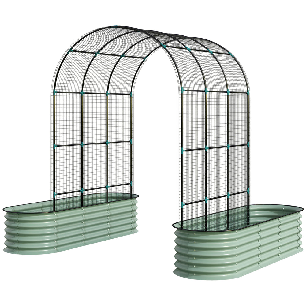 Galvanized raised planters with arched trellis