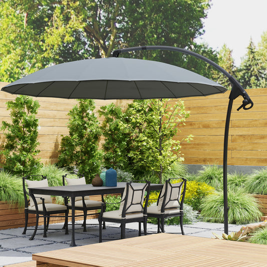 Outsunny 2.7m Cantilever Umbrella with 16 Fiberglass Ribs, Offset Hanging Umbrella, Patio Umbrella with Crank and Cross Base, Grey