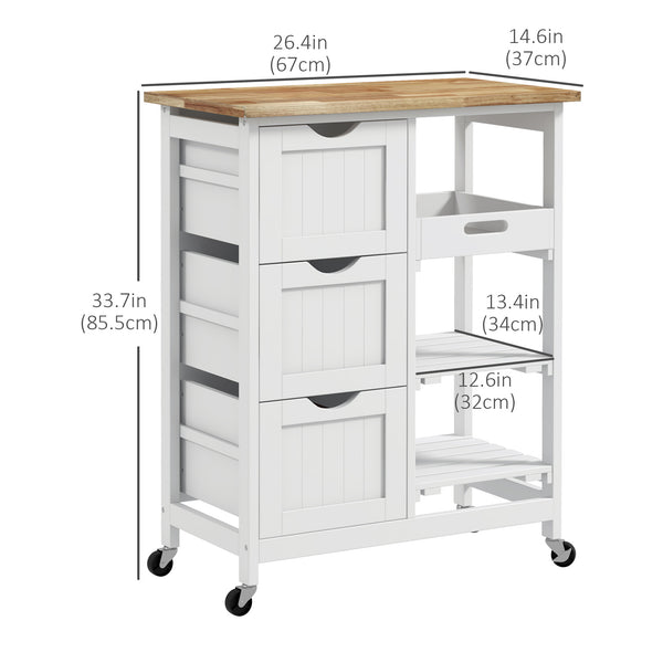 Chariot de cuisinesur roulettes avec plateau en bois, 3 tiroirs et étagères, blanc