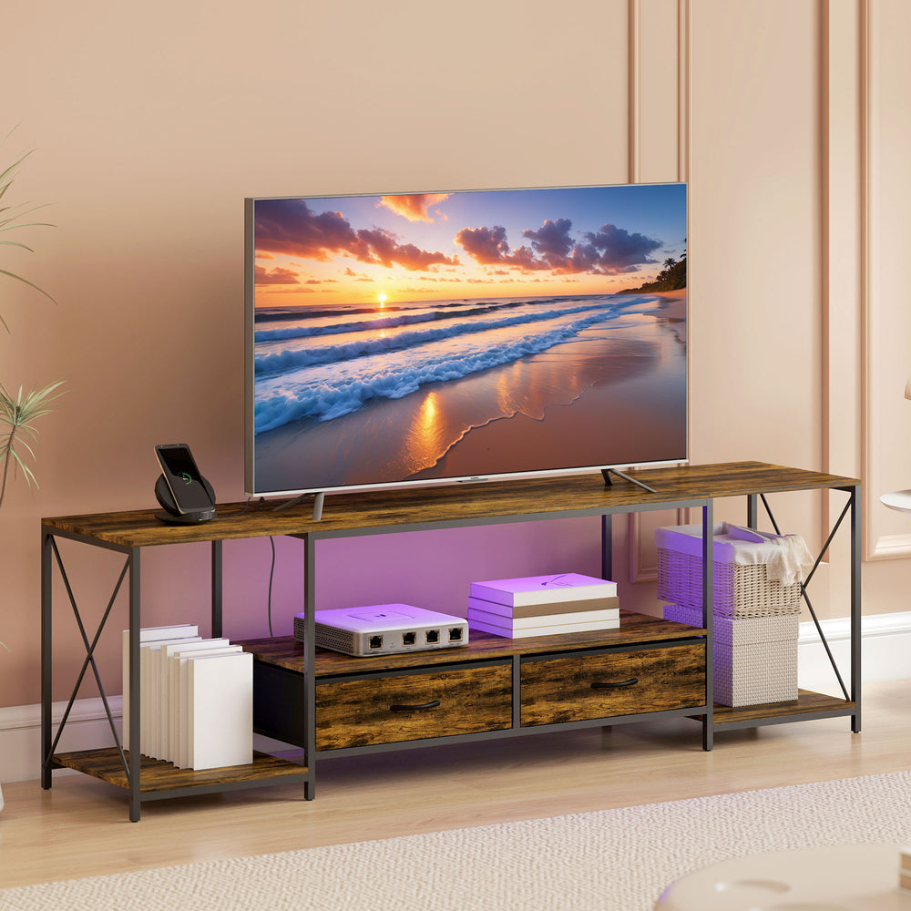 Industrial TV Stand for up to 60 Inch TV, TV Console with Charging Station and RGB LED Lights, Rustic Brown