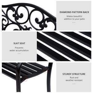 Banc de jardin d'extérieur avec motif floral vintage, en métal moulé, noir