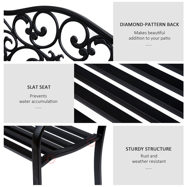 Banc de jardin d'extérieur avec motif floral vintage, en métal moulé, noir