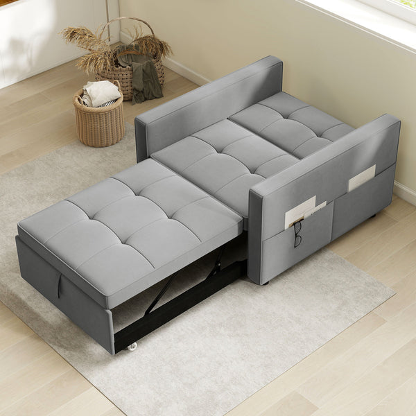 Fauteuil convertible en lit avec port USB, dossier réglable, en velours, gris