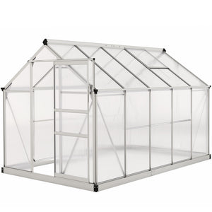 Polycarbonate greenhouse with gutter, vents and sliding door, silver color