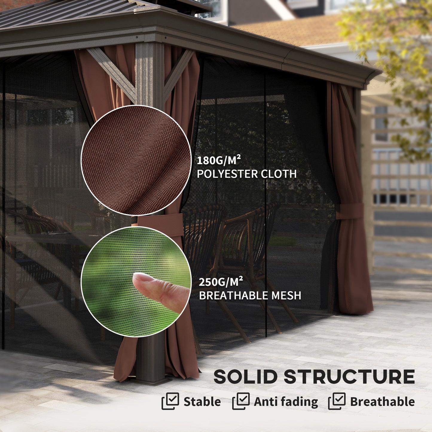 Outsunny 10' x 12' Outdoor Hardtop Gazebo with Galvanized Canopy and Mesh Sidewalls for Lawn and Garden, Dark Brown 