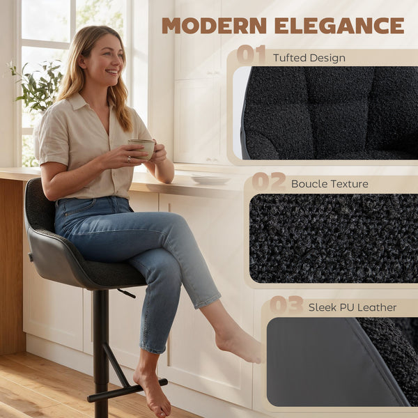 Ensemble de 2 tabourets de bar pivotants, hauteur comptoir, avec dossier, repose-pieds, accoudoirs et hauteur réglable, noir.