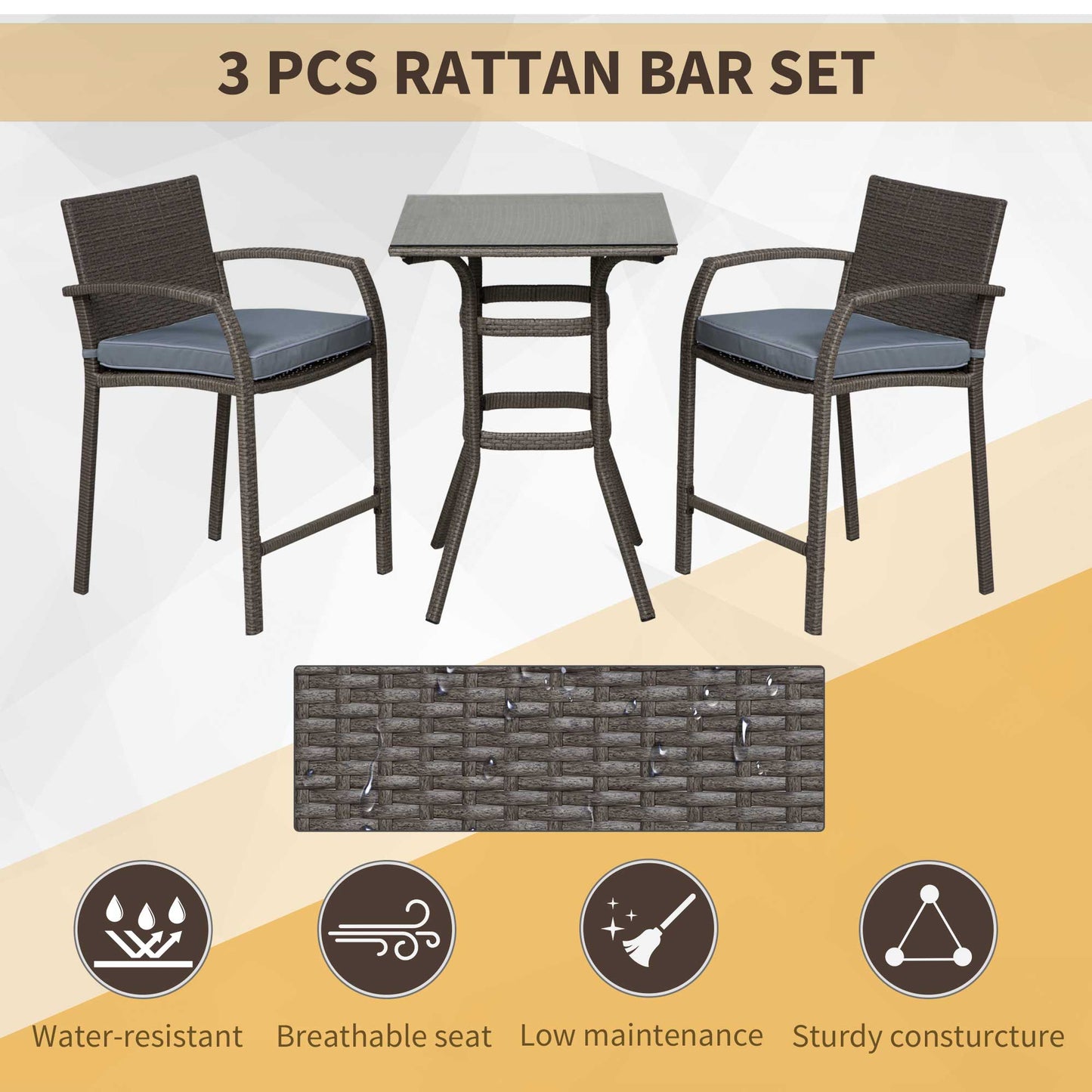 Outsunny 3 Pieces Patio Bar Set Wicker Garden Bistro Set Outdoor Furniture PE Rattan Table and Stools with Seat Cushion, Gray |
