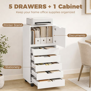 Mobile File Cabinet with 5 Drawers and Printer Stand for Home Office White