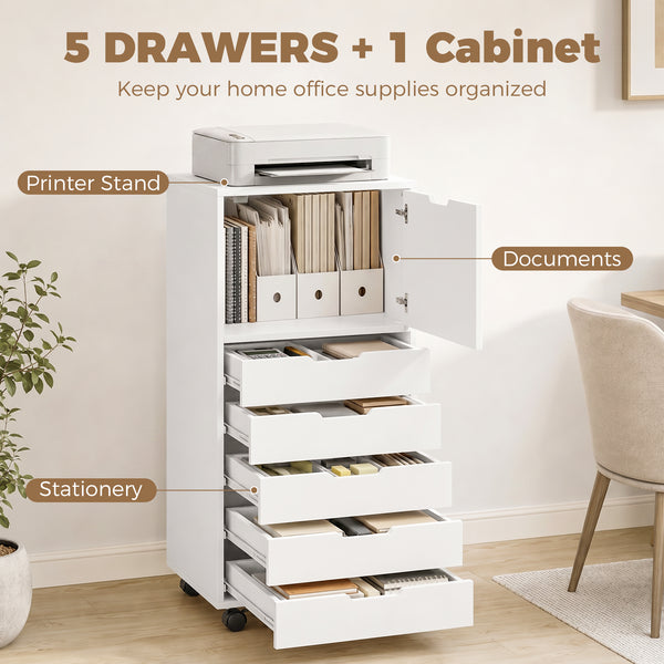 Mobile File Cabinet with 5 Drawers and Printer Stand for Home Office White