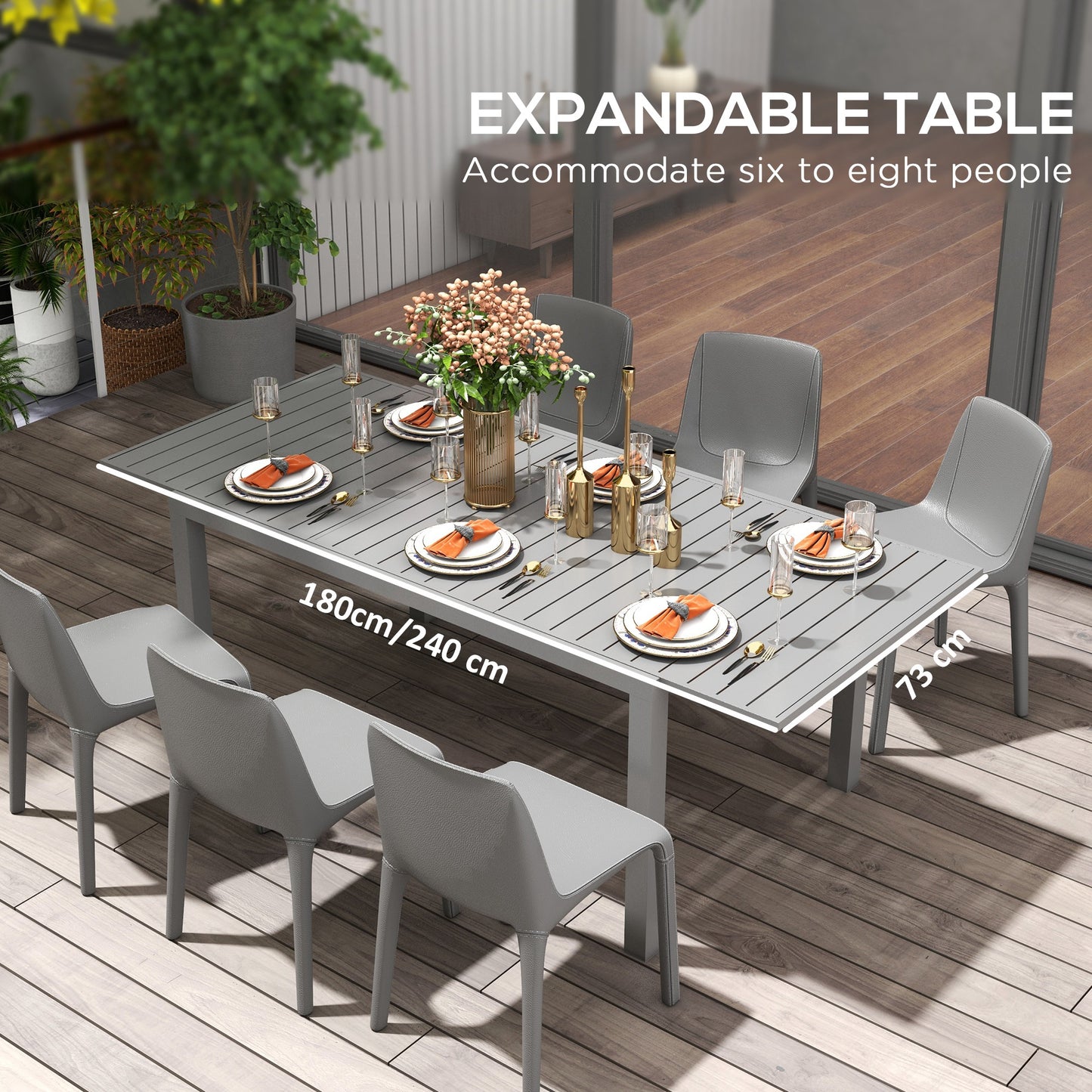 Outsunny Aluminum Outdoor Dining Table for 6-8 People, Extendable Patio Table for Garden, Lawn and Balcony, Charcoal Grey