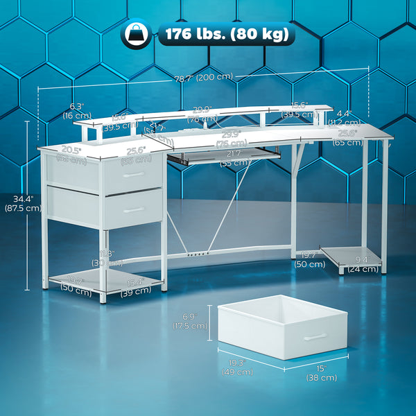79 inch Gaming Desk with RGB Lights, Computer Table with Power Outlets & USB Ports, Keyboard Tray and 2 Drawers, White