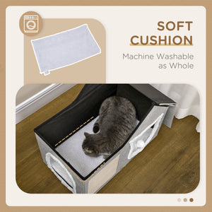 Maison pour chat avec coussin moelleux, griffoir, balle suspendue et double entrée, gris.