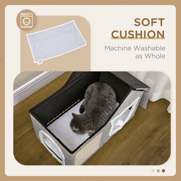 Maison pour chat avec coussin moelleux, griffoir, balle suspendue et double entrée, gris.