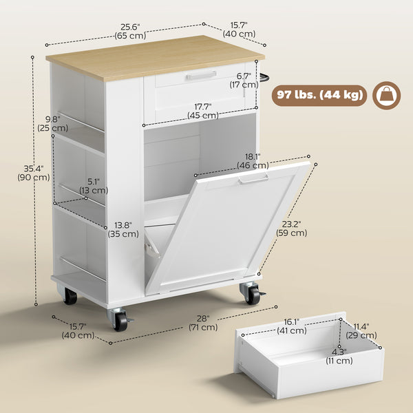 Îlot de cuisine mobile avec compartiment basculant pour poubelle, tiroir et rangement