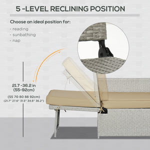 5PC Wicker Patio Lounger, Outdoor PE Rattan 5-level Adjustable Recliner Sofa Bed with Storage Side Table and Footstools, for Patio, Garden, Poolside, Khaki