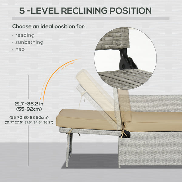 5PC Wicker Patio Lounger, Outdoor PE Rattan 5-level Adjustable Recliner Sofa Bed with Storage Side Table and Footstools, for Patio, Garden, Poolside, Khaki