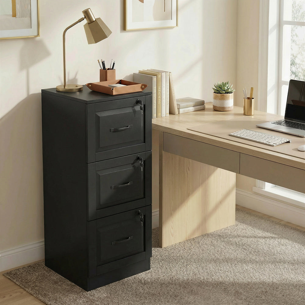 Classeur vertical à 3 tiroirs avec serrure, compatible avec les formats A4 et Lettre, noir. Barres de suspension réglables.