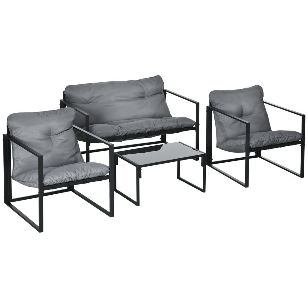 4 Piece Outdoor Furniture Set, Patio Conversation Set with Tempered Glass Table, Loveseat, 2 Chairs and Cushions, Grey