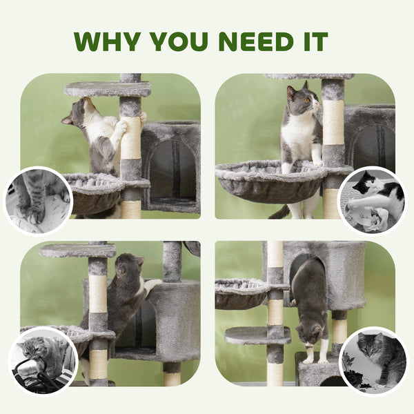 52.5" Cat Tree with Scratching Posts, Condos, Bed, Platforms &amp; Hammocks, Grey