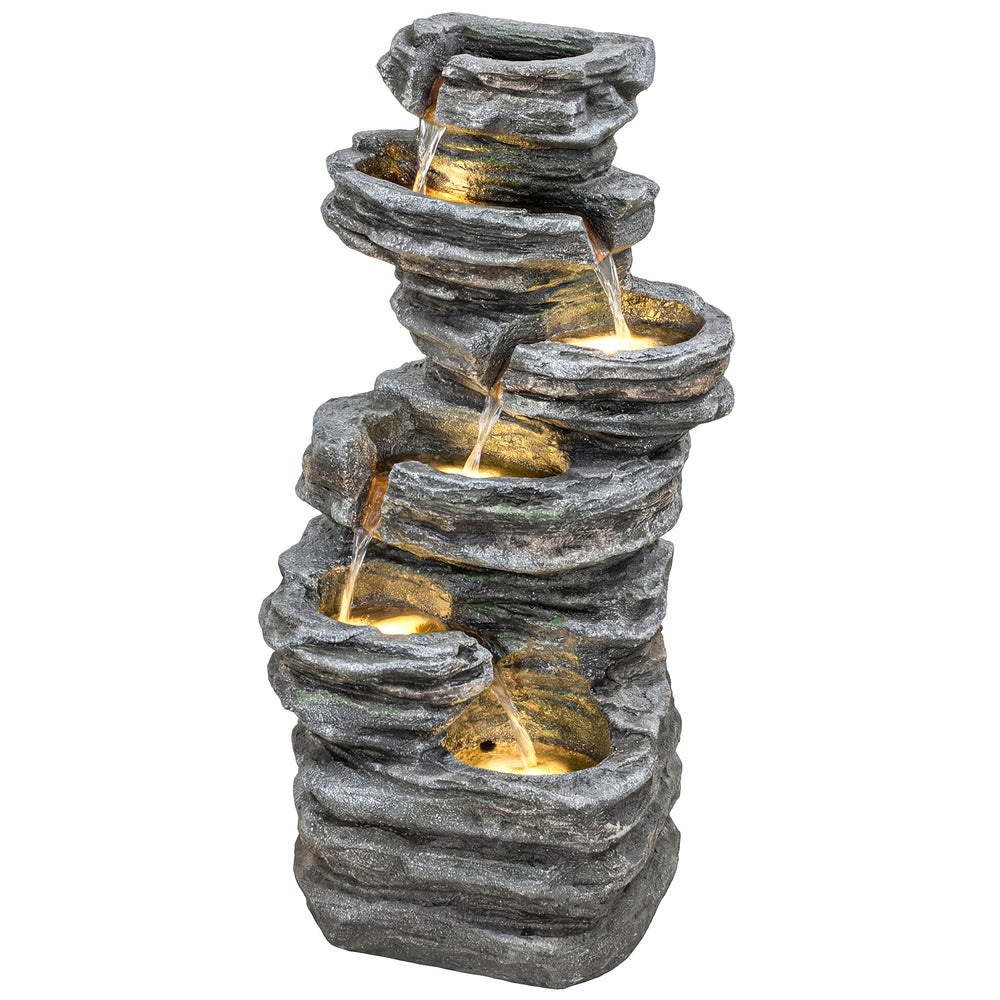 6-Tier Outdoor Fountain with LED Lighting, Resin with Pump, Grey