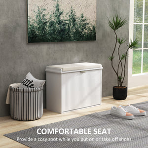Banc d'entrée avec assise rembourrée et tiroirs rabattables, capacité de charge jusqu'à 120 kg, rangement pour 6 paires de chaussures, blanc