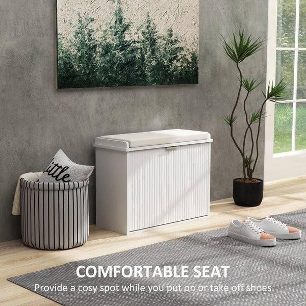 Banc d'entrée avec assise rembourrée et tiroirs rabattables, capacité de charge jusqu'à 120 kg, rangement pour 6 paires de chaussures, blanc