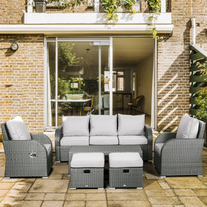 Ensemble de jardin 6 pièces avec coussins, canapé d'angle en résine tressée PE avec canapé 3 places, 2 fauteuils inclinables, 2 repose-pieds et table, gris