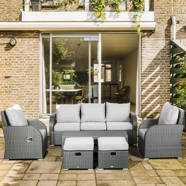 Ensemble de jardin 6 pièces avec coussins, canapé d'angle en résine tressée PE avec canapé 3 places, 2 fauteuils inclinables, 2 repose-pieds et table, gris