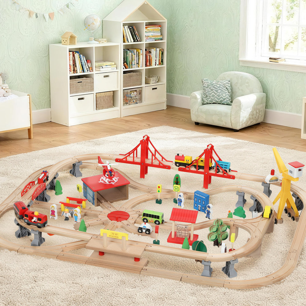 Qaba 133-piece wooden train set with tracks, battery-operated train, crane, bridge and accessories, for children aged 3 and up