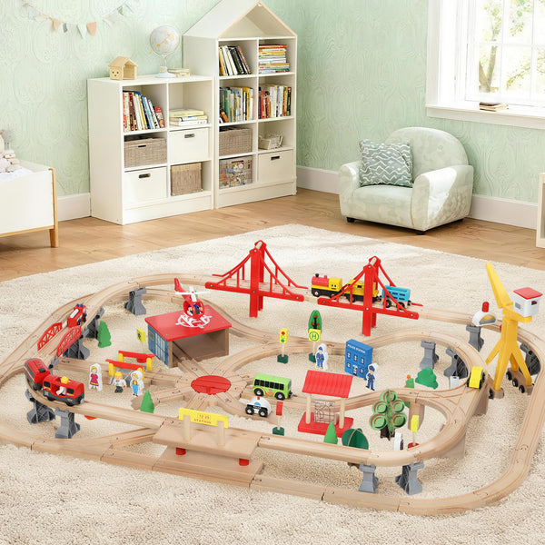 Qaba 133-piece wooden train set with tracks, battery-operated train, crane, bridge and accessories, for children aged 3 and up
