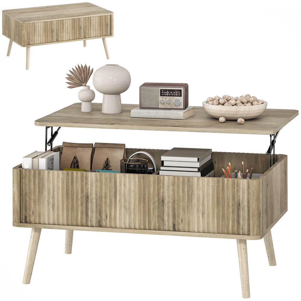Table basse relevable avec rangement, chêne