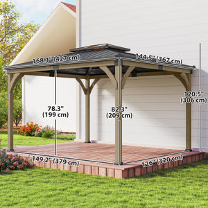 Gazebo 12' x 14' avec toit rigide en acier galvanisé, structure en bois, double toit, couleur noyer clair