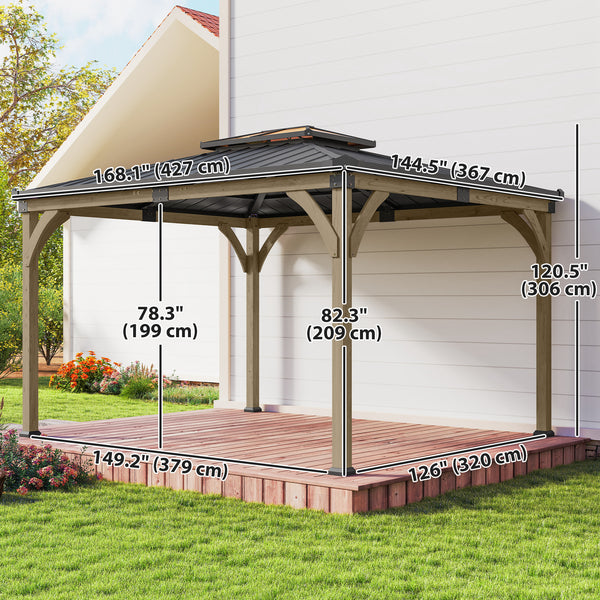 Gazebo 12' x 14' avec toit rigide en acier galvanisé, structure en bois, double toit, couleur noyer clair
